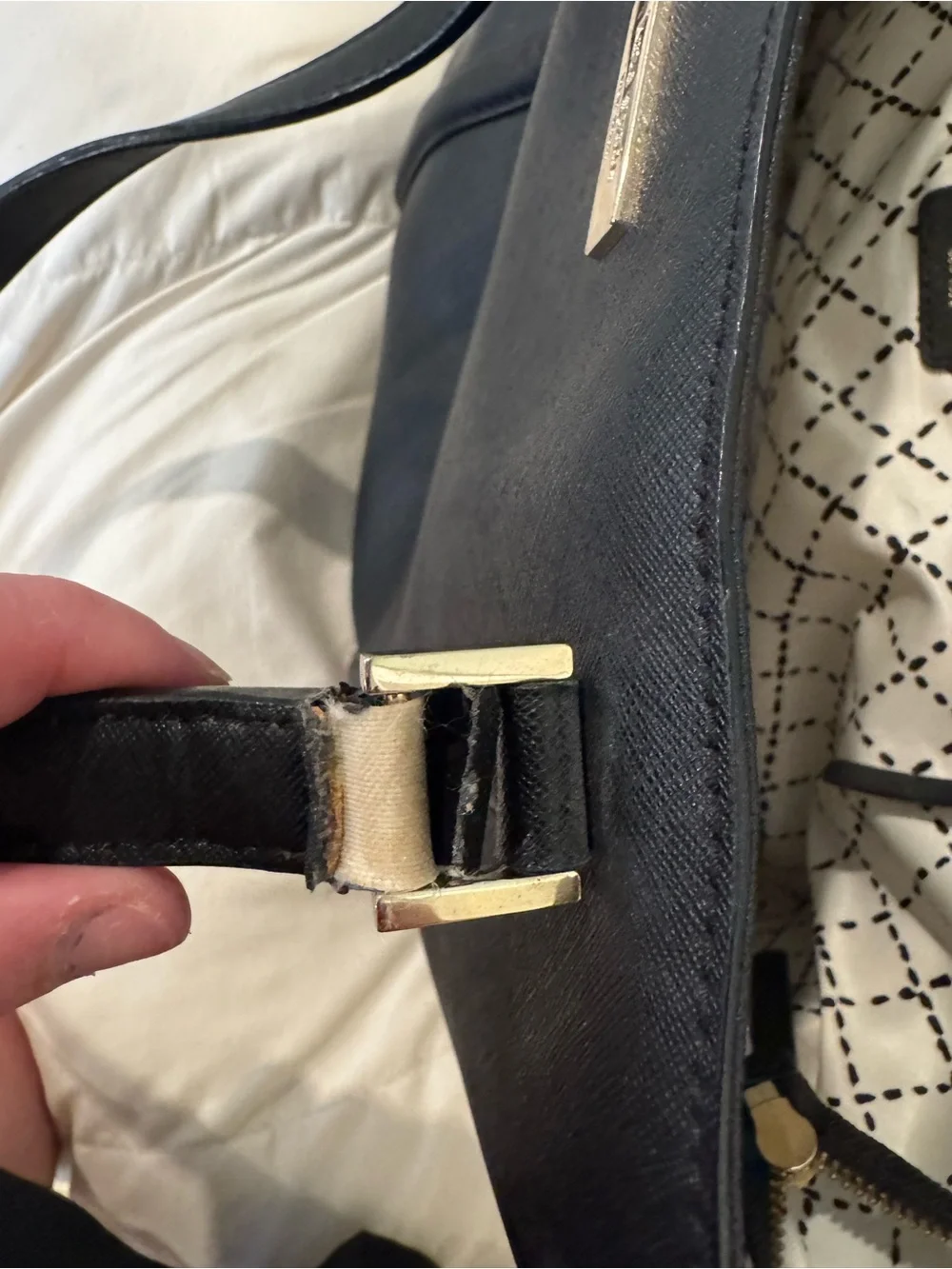 kate spade black leather tote with gold plaque